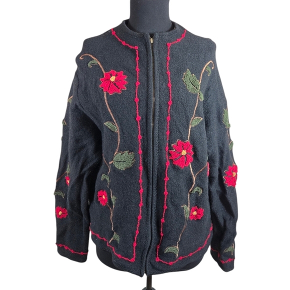 Vintage Katie Todd 100% Wool Embroidered Cardigan Sweater- Size Medium - Picture 1 of 9